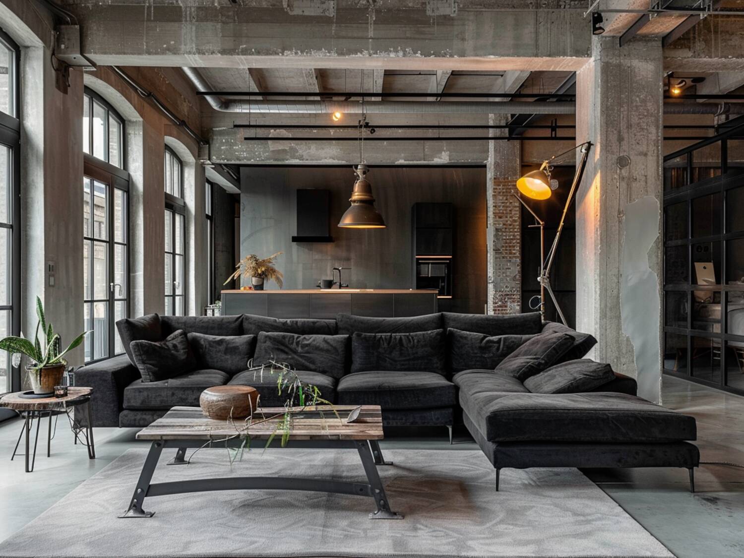 Jak urządzić salon w stylu loftowym z narożnikiem w ciemnych odcieniach