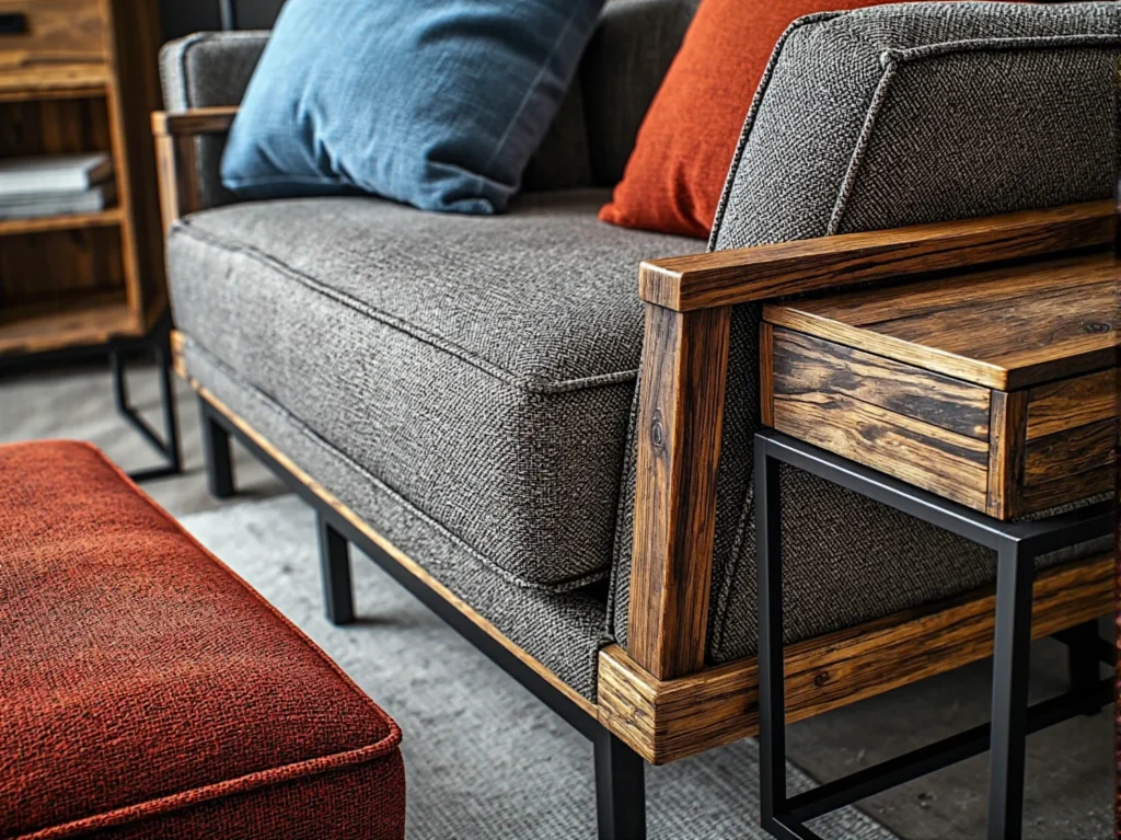 Sofa loftowa szara z drewnianymi podłokietnikami i metalową ramą