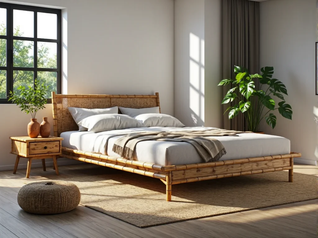 Bambusowe łóżko dwuosobowe z rattanowym zagłówkiem w naturalnym kolorze