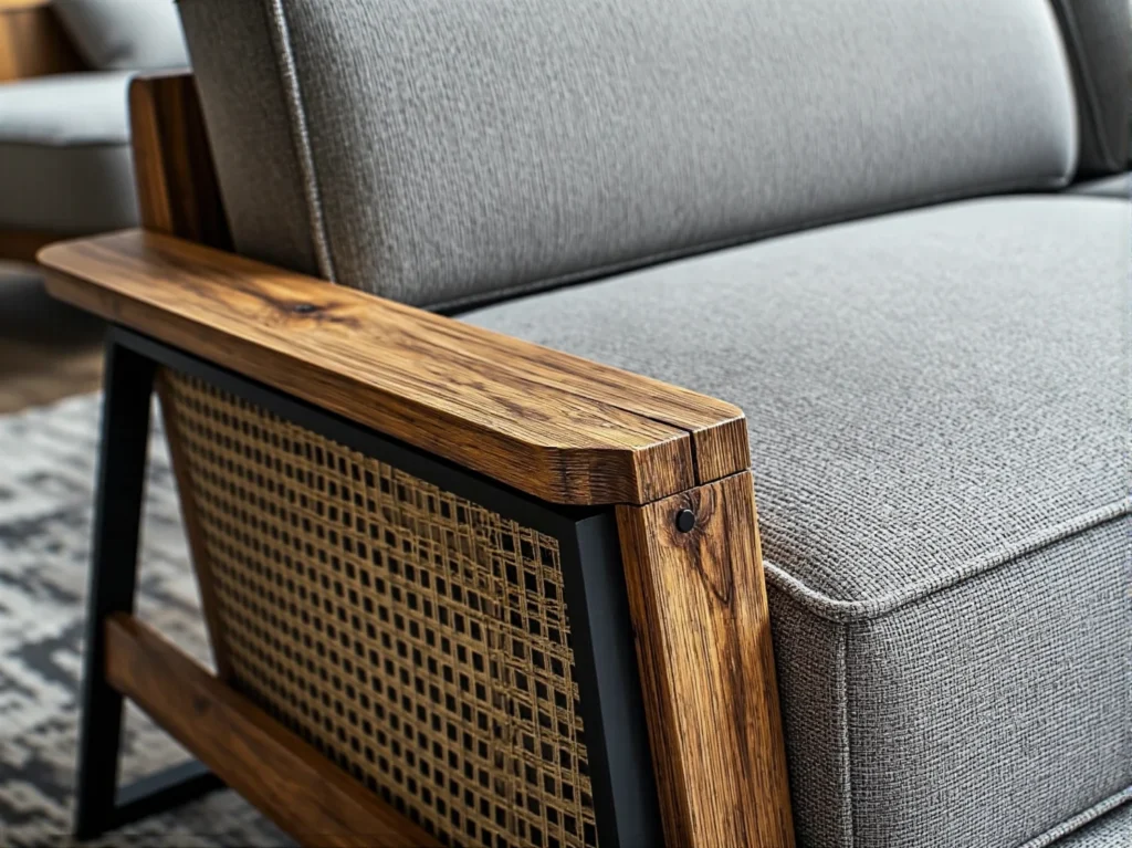 Szara sofa z drewnianym podłokietnikiem i plecionką rattanową