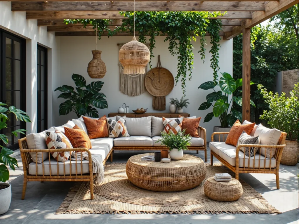 Rattanowy zestaw wypoczynkowy ogrodowy z szarymi poduszkami