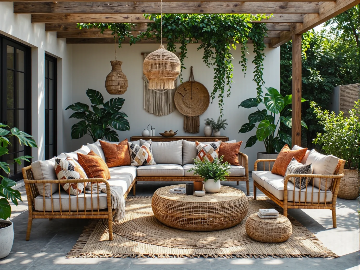 Rattanowy zestaw wypoczynkowy ogrodowy z szarymi poduszkami