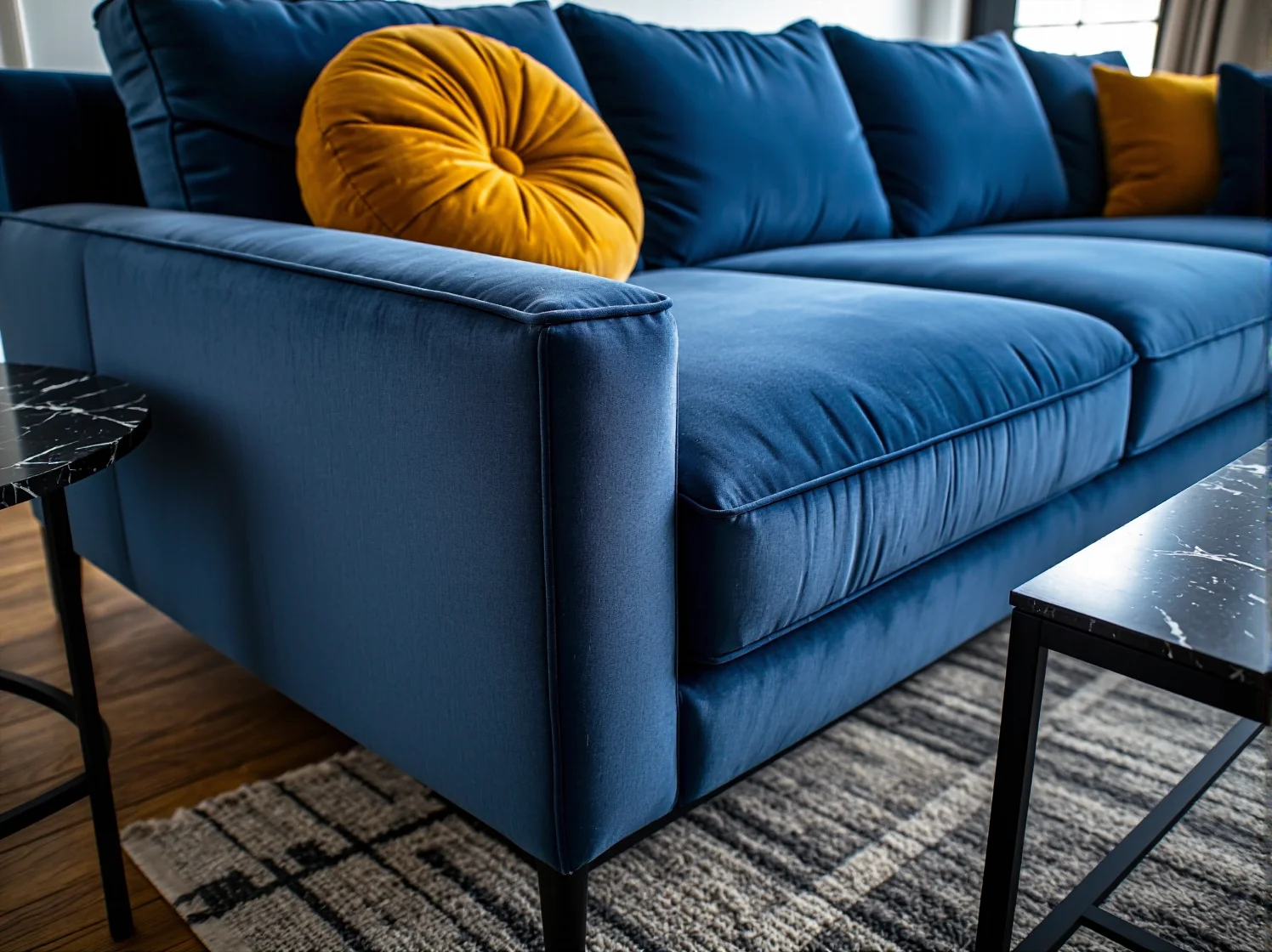 Aranżacja salonu z wysokim sufitem, w której centralnym punktem jest elegancki, szary narożnik.