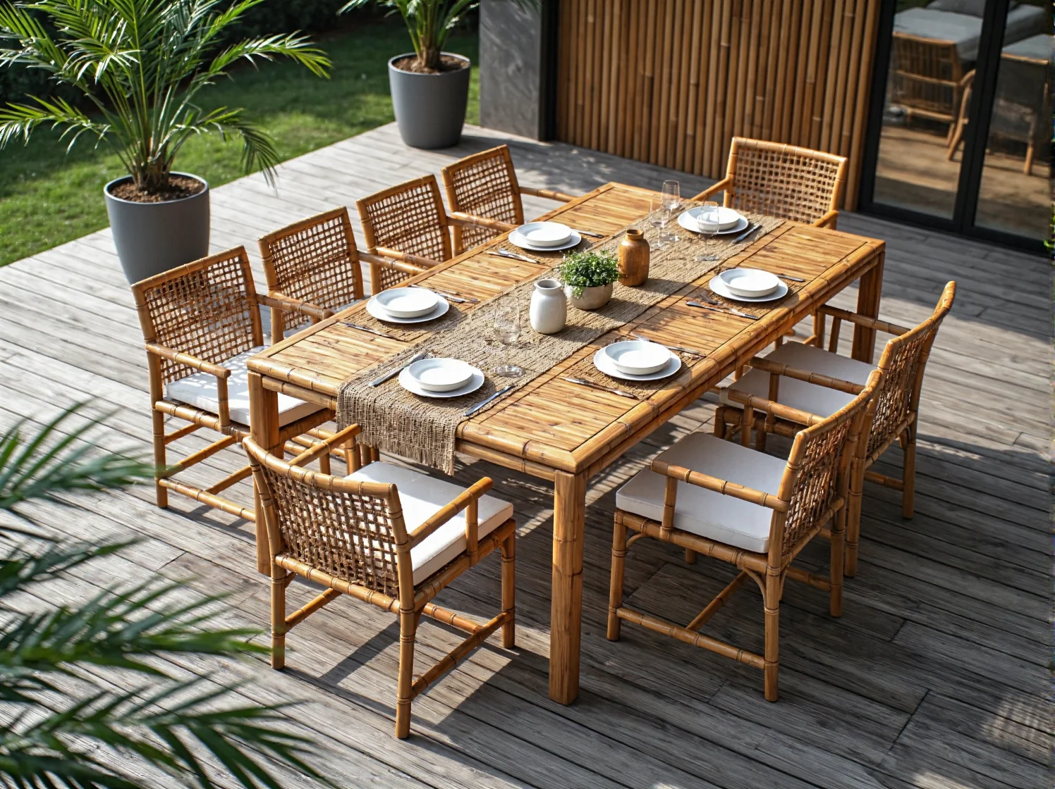 Detale trwałych mebli ogrodowych z naturalnego bambusa na zewnątrz