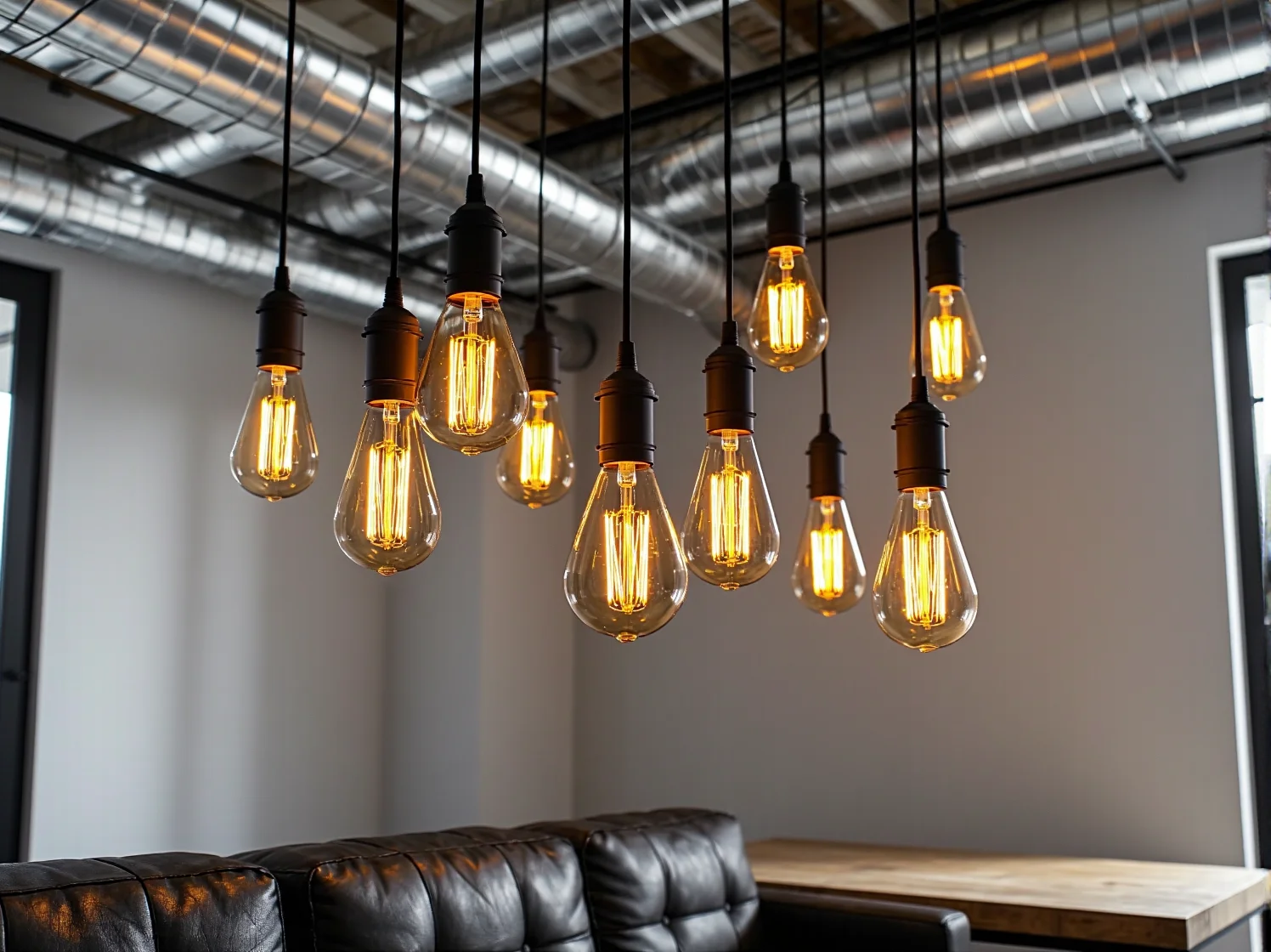 Aranżacja wnętrza z meblami industrialnymi, gdzie połączono różne lampy – wiszące, podłogowe i stołowe.