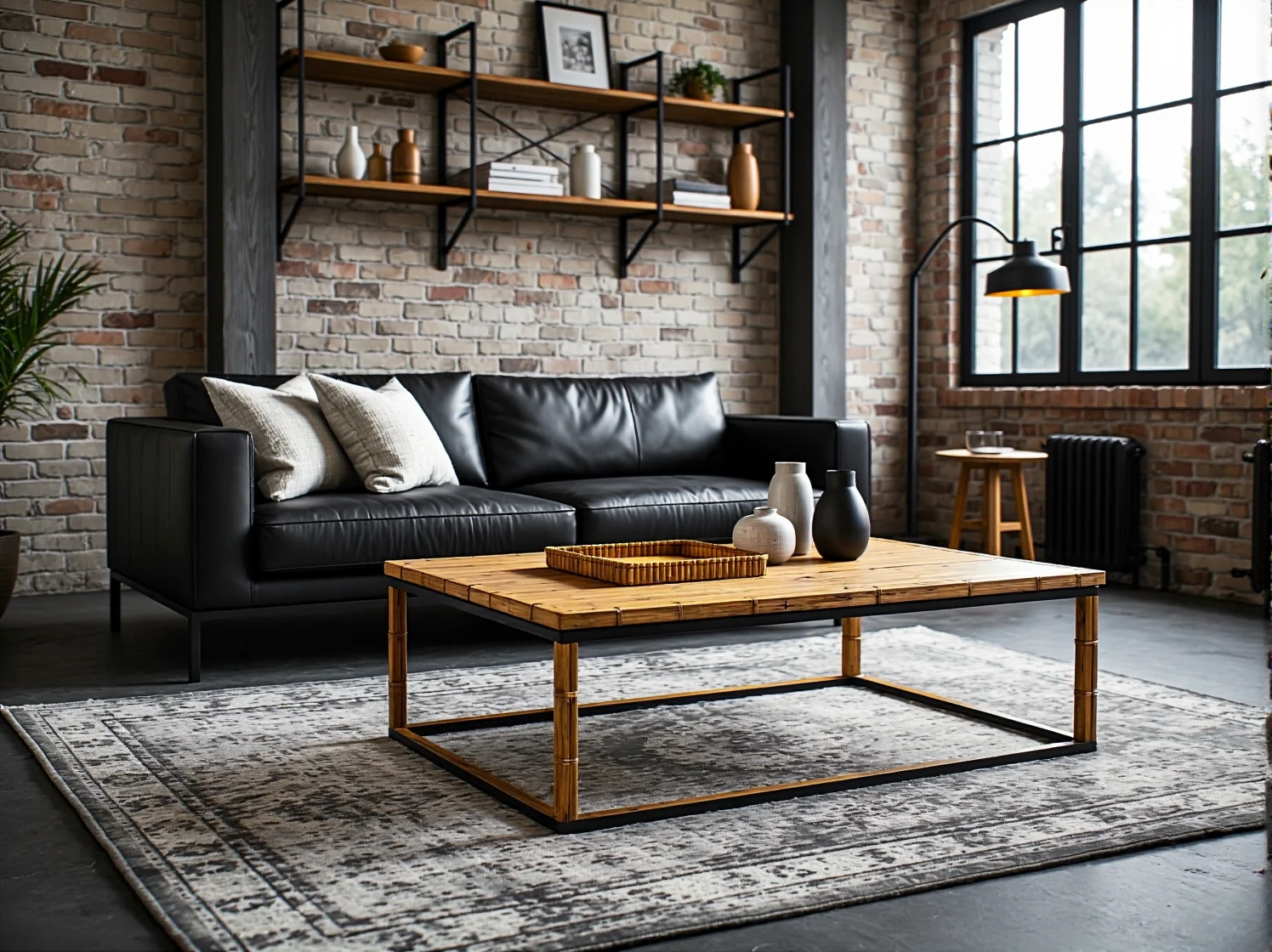 Zbliżenie na kontrast faktur: gładki blat z bambusa na tle surowej, betonowej ściany w lofcie.