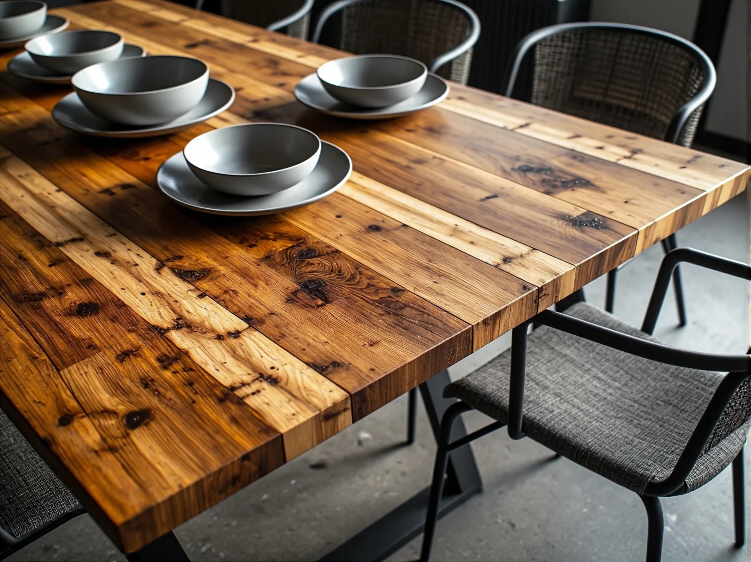 Ciepłe światło bambusowej lampy wiszącej, która ociepla surowy charakter industrialnego wnętrza.