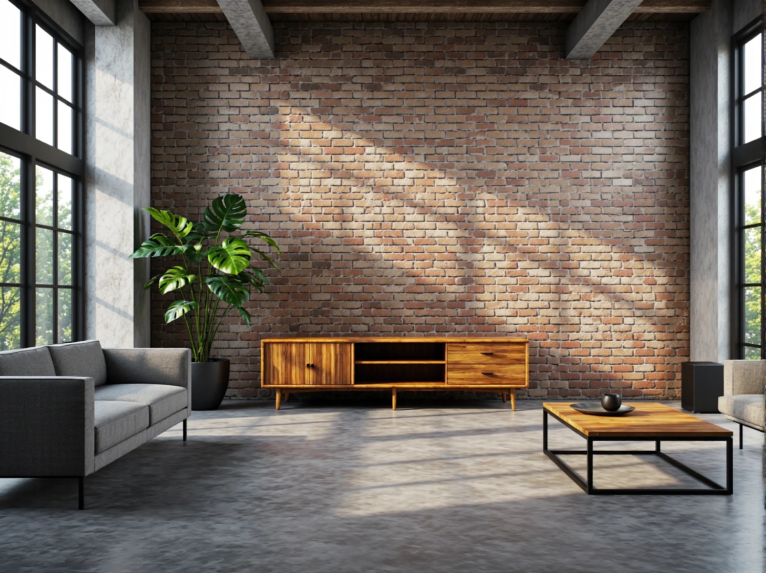 Niska szafka RTV z drewna z czarnymi akcentami