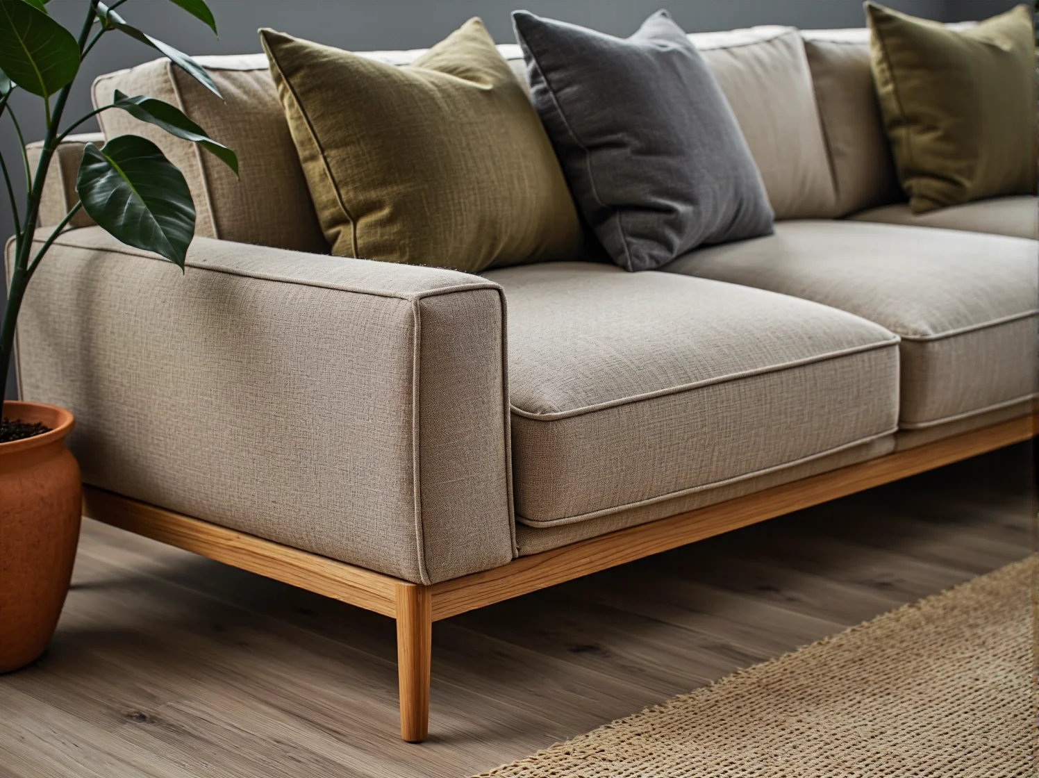 Detal wykończenia sofy modułowej w stylu japandi – naturalne tkaniny i prosta forma.