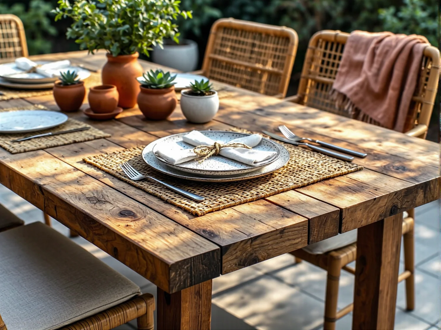 Zbliżenie na boho dodatki ogrodowe: plecione lampiony, makramy i poduszki w etniczne wzory.