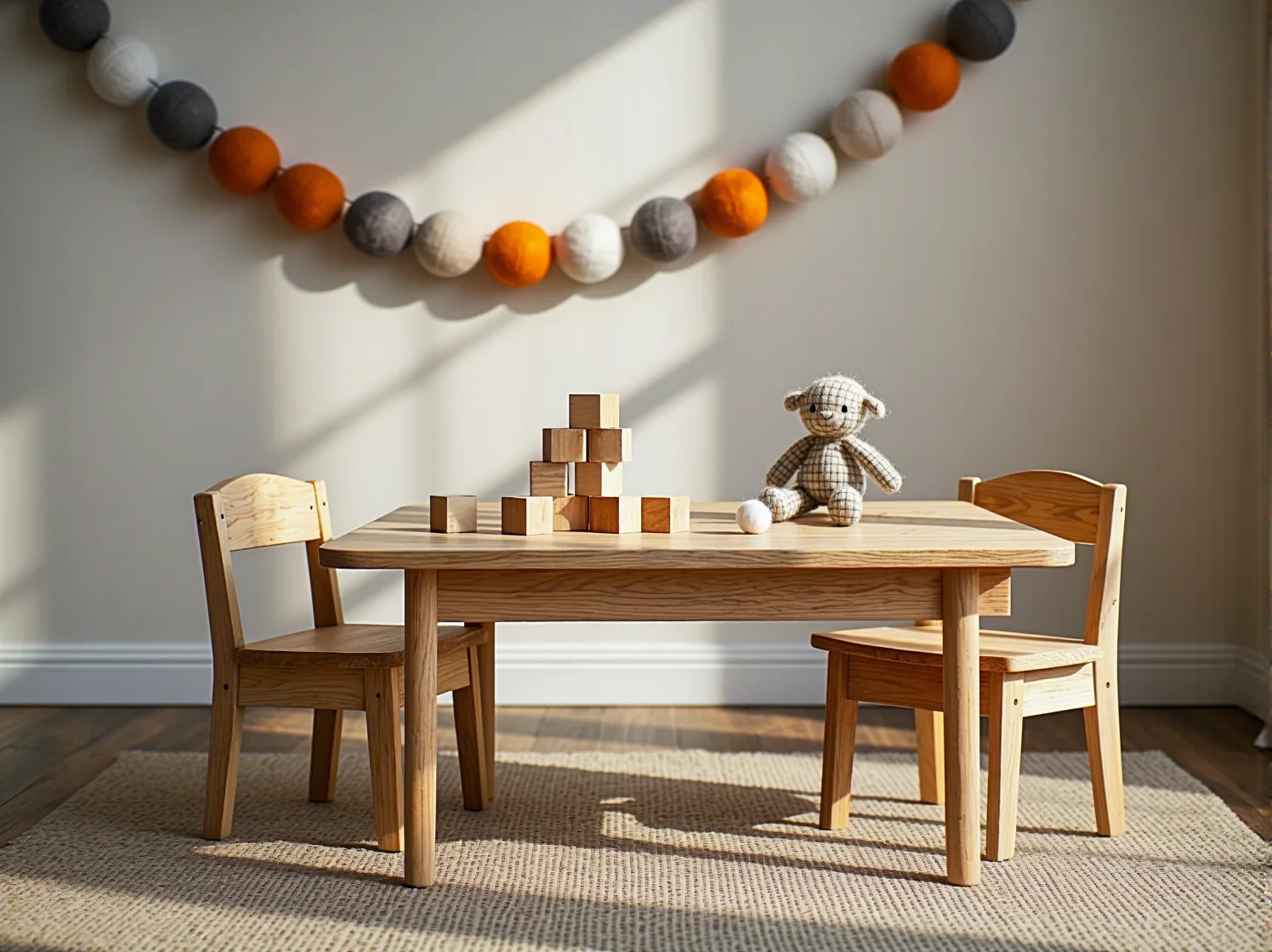 Drewniane łóżeczko niemowlęce z certyfikatem FSC w jasnym, zdrowym pokoju dziecięcym.