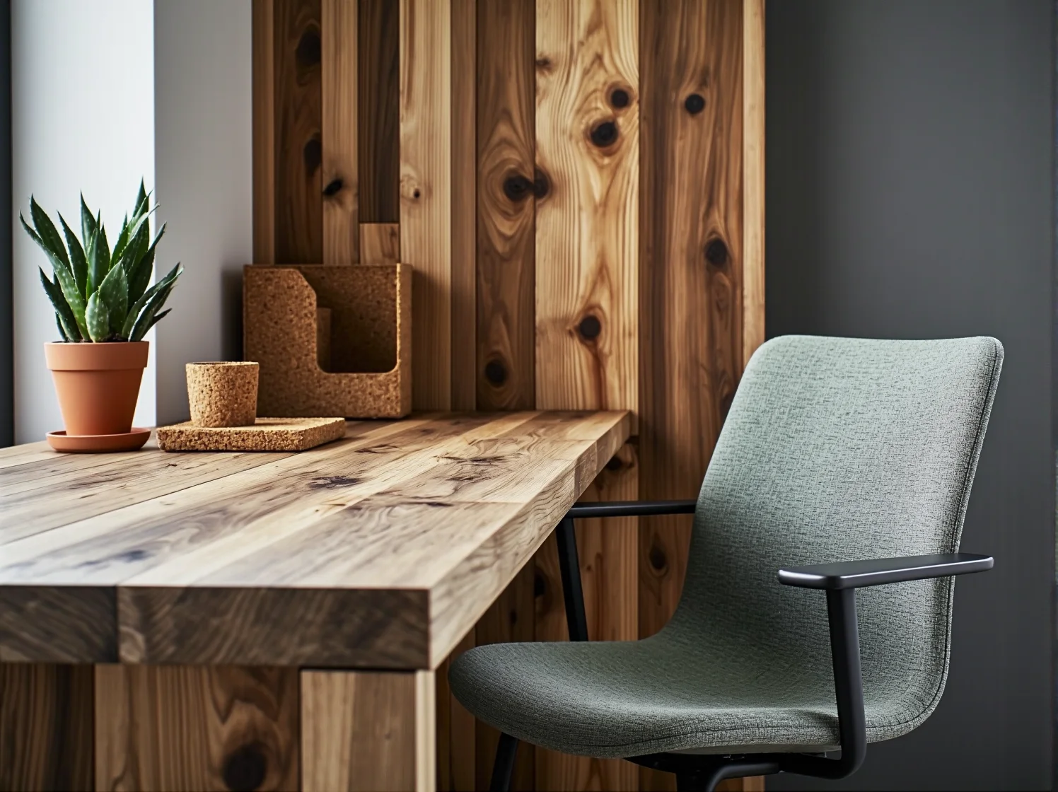 Ergonomiczne biurka z certyfikowanego drewna w ekologicznym biurze typu coworking.