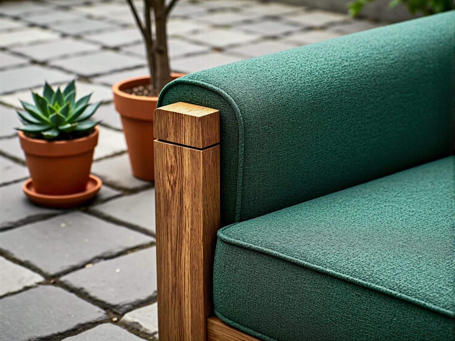 Zbliżenie na fakturę ekologicznych mebli ogrodowych, pokazujące trwałość recyklingowanych tworzyw.