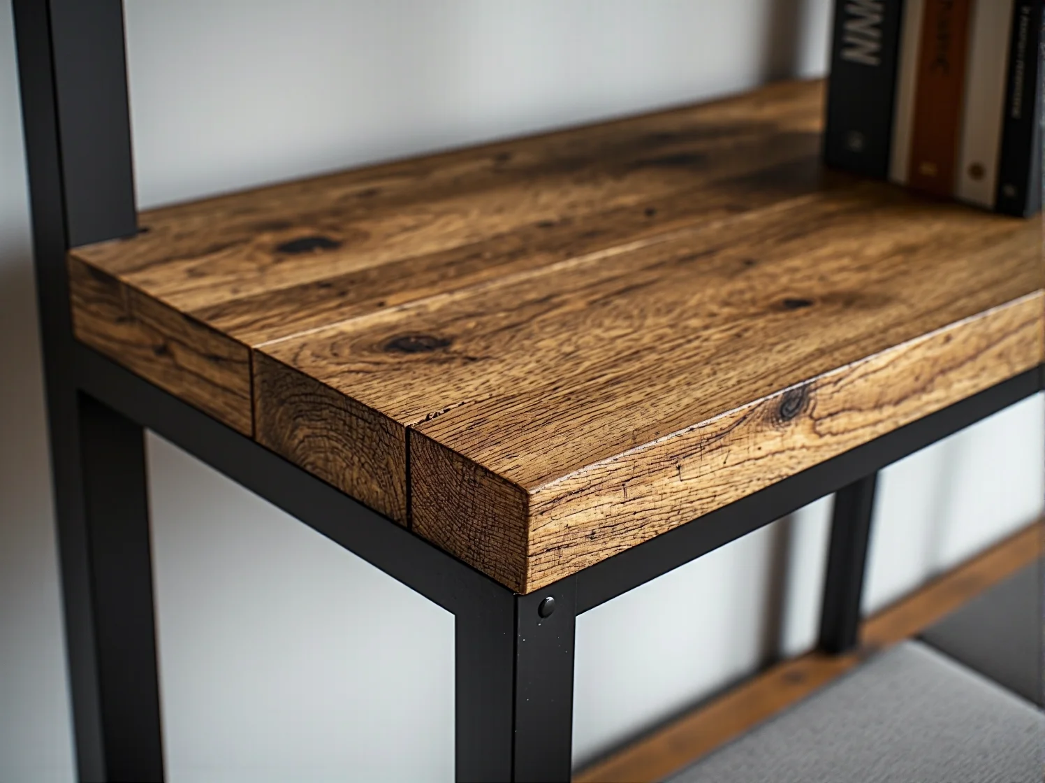 Ekologiczny regał loftowy wykonany ręcznie z drewna i metalu z recyklingu, idealny do salonu.