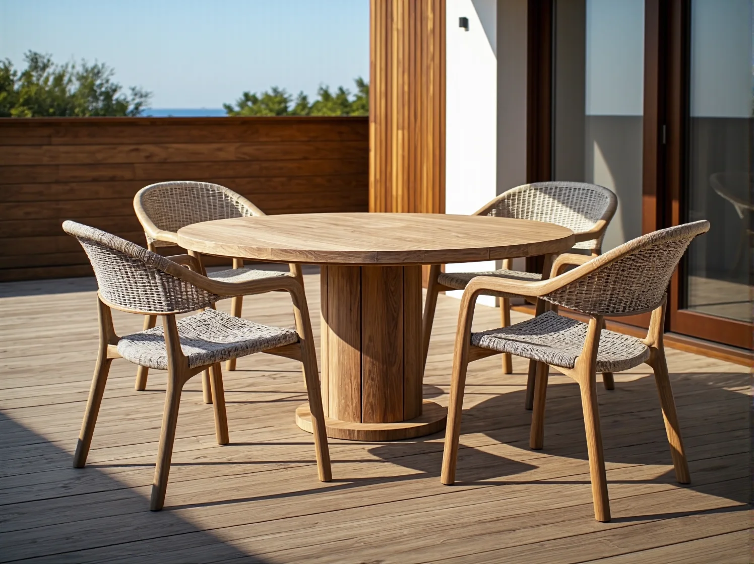 Funkcjonalny zestaw mebli z tworzyw z recyklingu, idealny do aranżacji małego i dużego ogrodu.