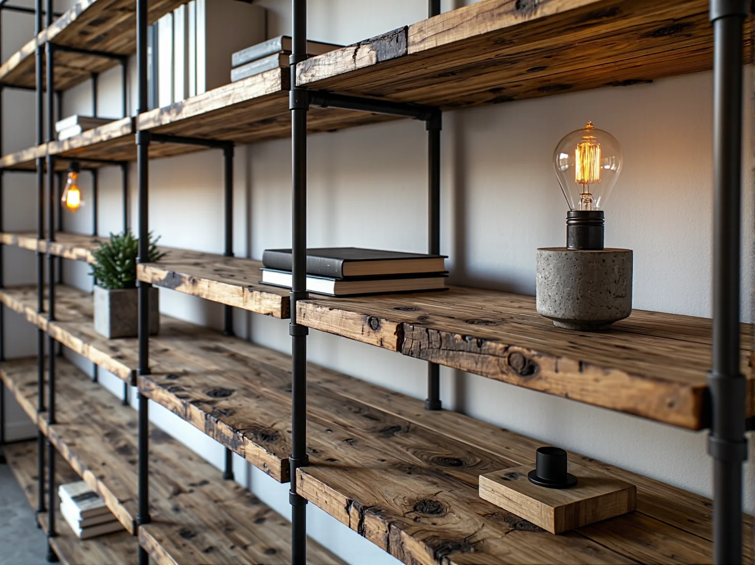 Zbliżenie na półki z surowego drewna z recyklingu na metalowej ramie industrialnego regału.