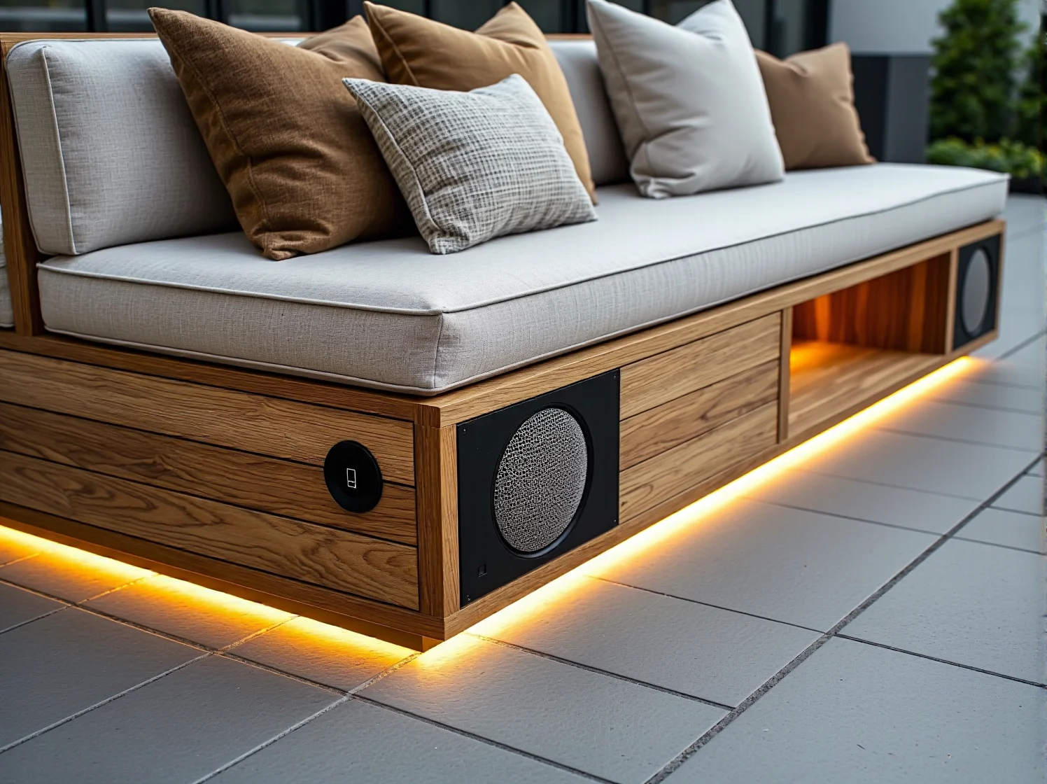 Nowoczesna przestrzeń outdoorowa z inteligentną pergolą i meblami odpornymi na warunki pogodowe.