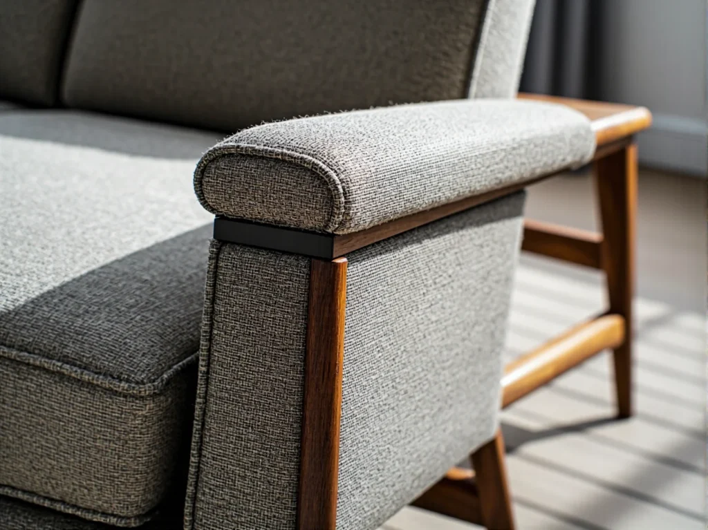 Szary fotel tapicerowany z drewnianymi podłokietnikami i stelażem