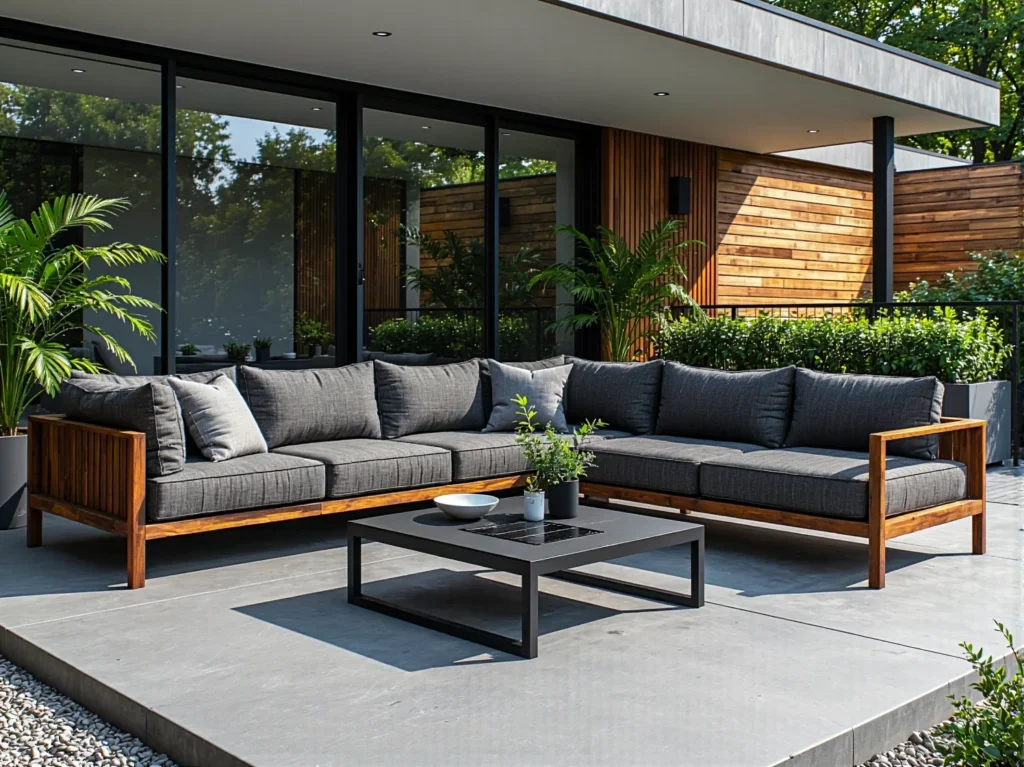 Narożnik ogrodowy drewniany z grafitowymi poduszkami i stolikiem