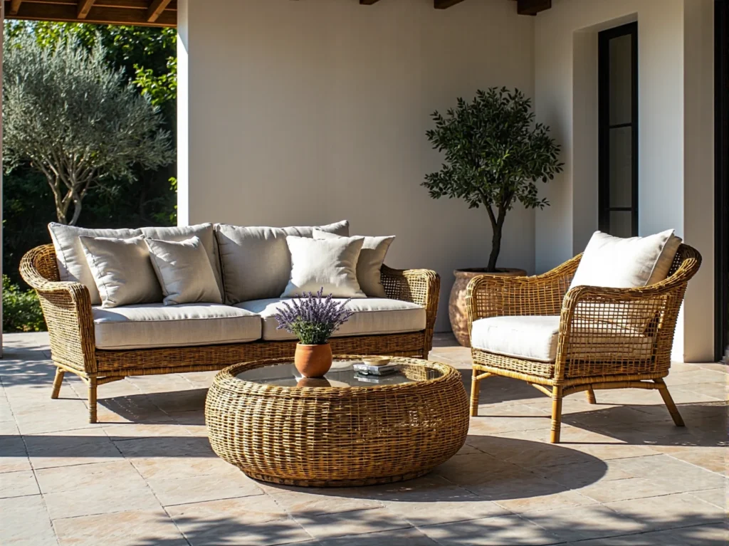 Rattanowy zestaw wypoczynkowy ogrodowy z beżowymi poduszkami