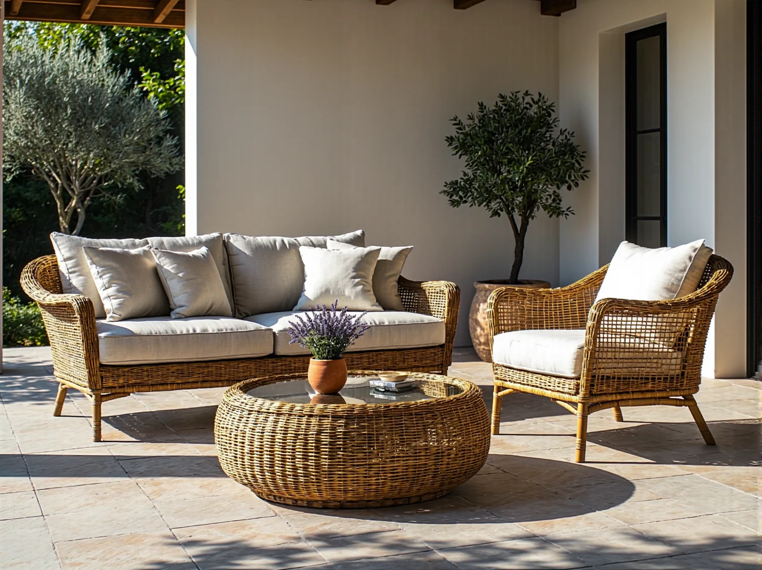 Rattanowy zestaw wypoczynkowy ogrodowy z beżowymi poduszkami