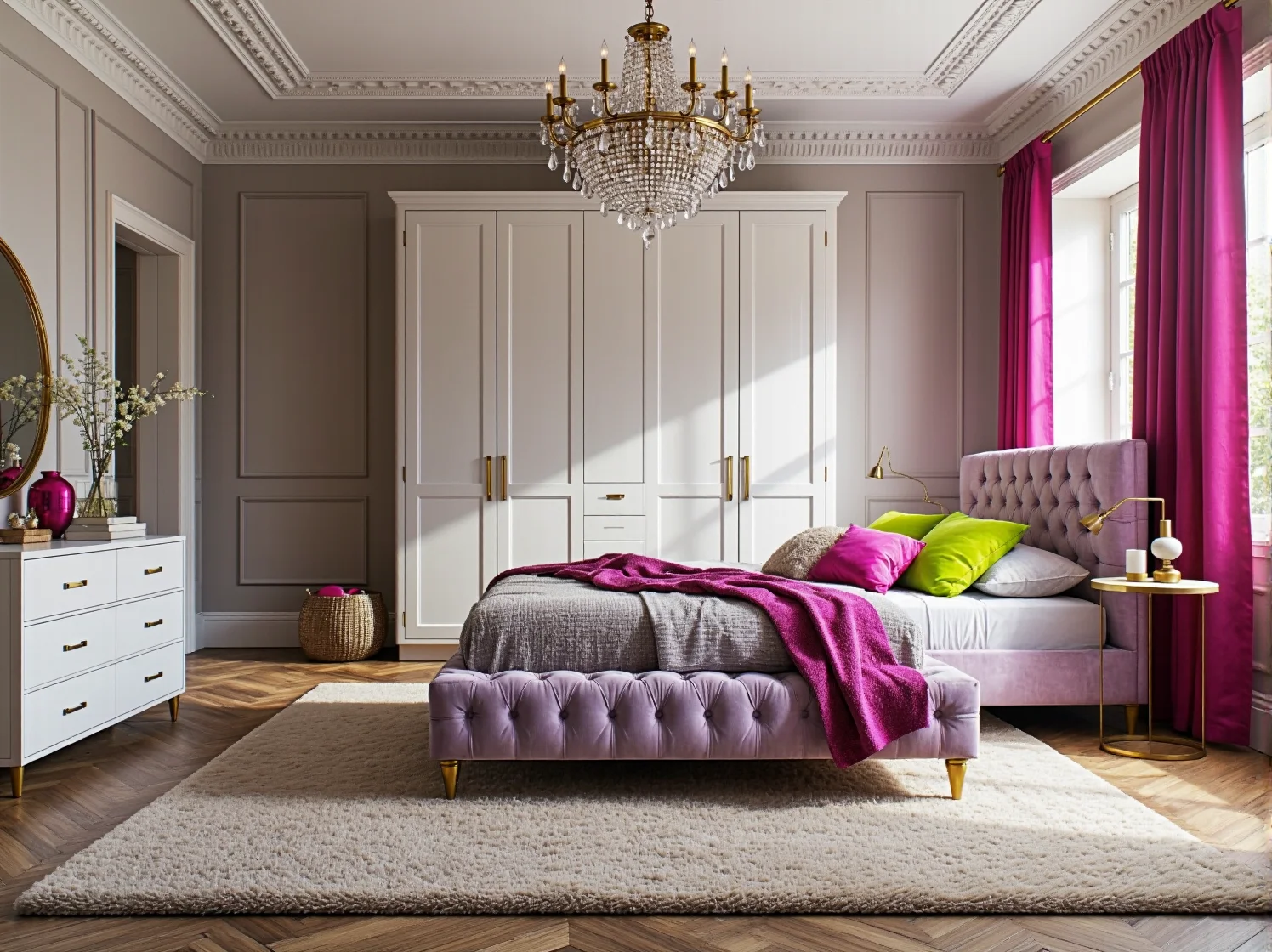 Tapicerowane łóżko szare z pikowanym zagłówkiem i złotymi nóżkami