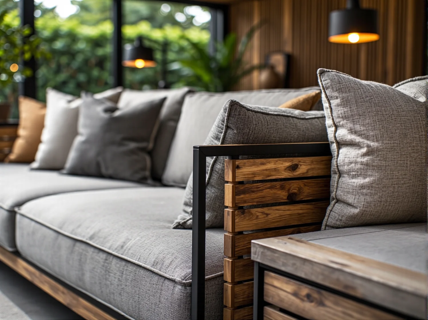 Szara sofa z drewnianymi podłokietnikami i metalową ramą