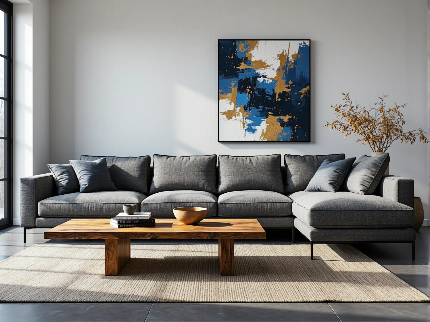 Wysoki narożnik z regulowanymi zagłówkami, podkreślający wertykalność salonu z wysokim sufitem.