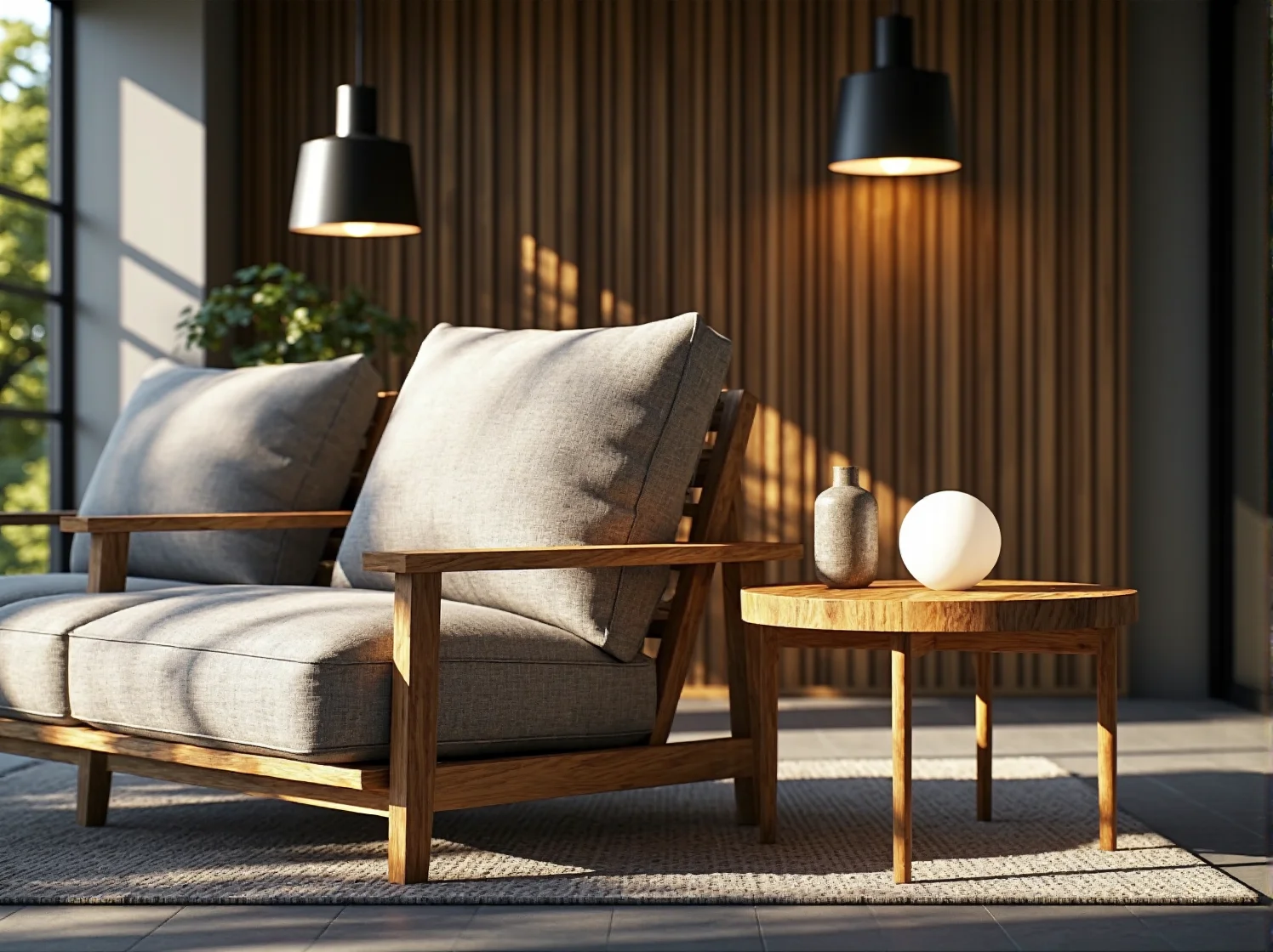 Drewniany fotel wypoczynkowy z jasnoszarą tapicerką i stolik kawowy