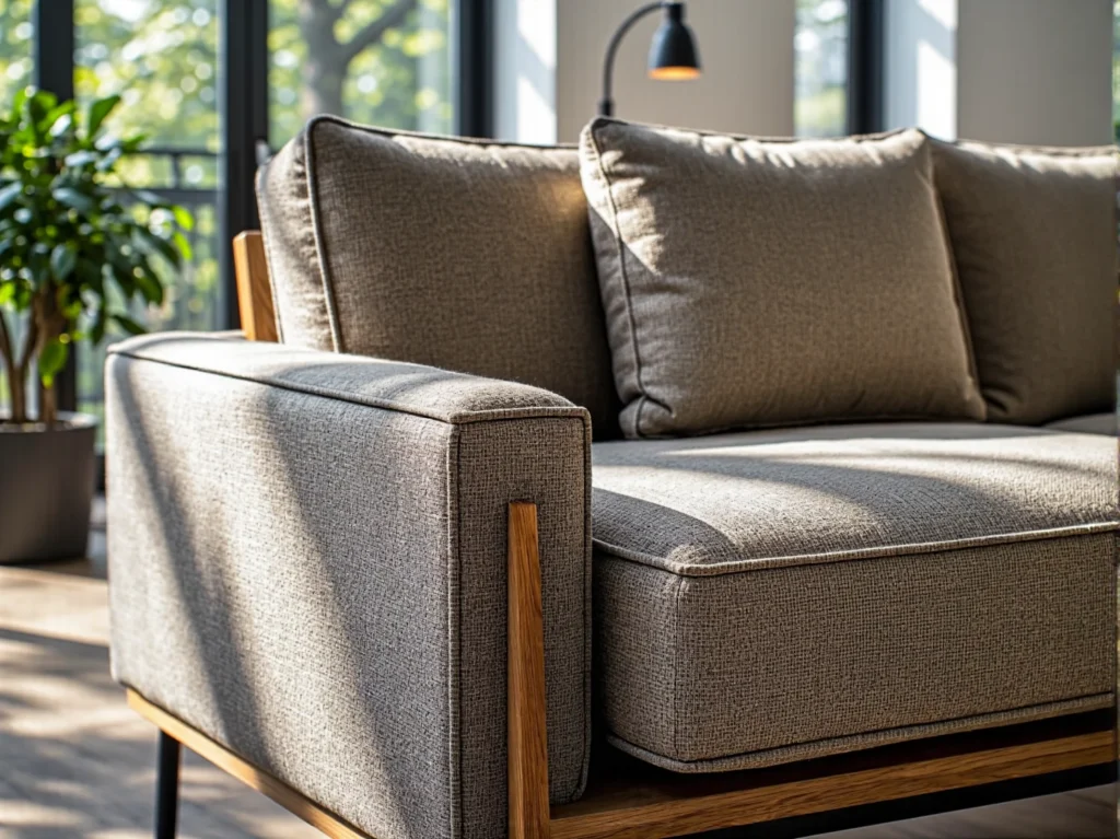 Sofa tapicerowana szara z drewnianymi podłokietnikami i poduszkami