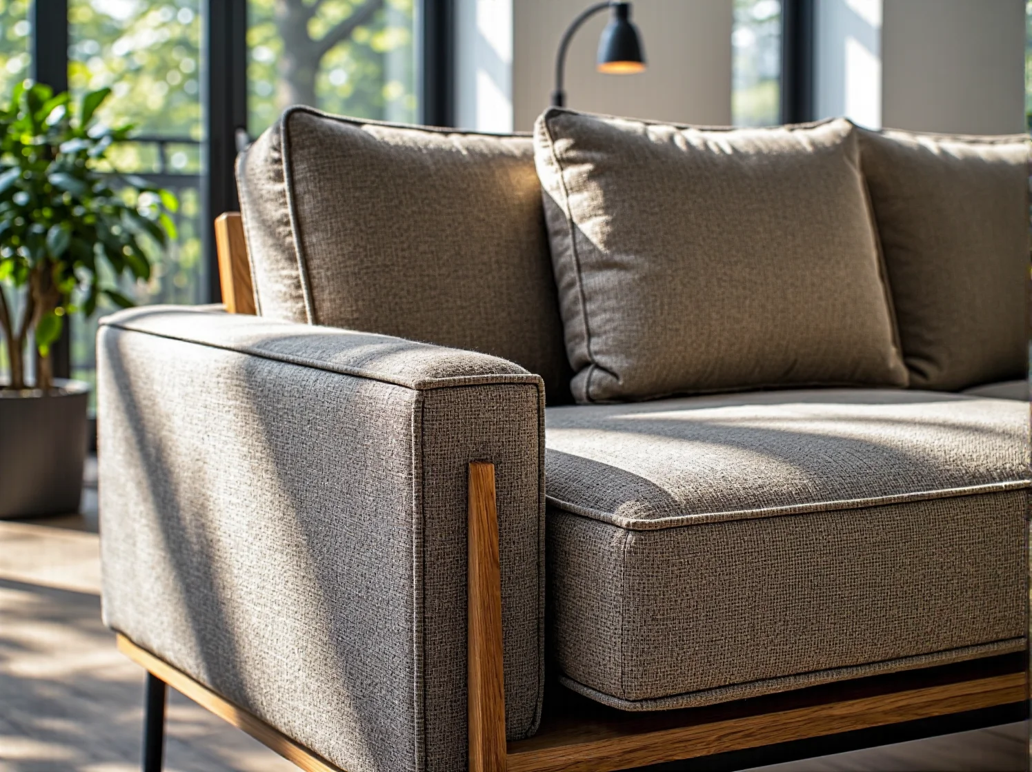 Sofa tapicerowana szara z drewnianymi podłokietnikami i poduszkami