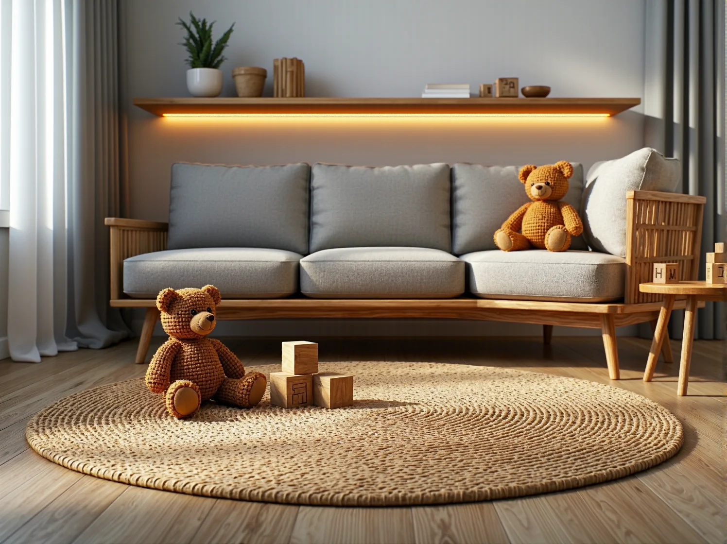 Kącik do czytania w pokoju dziecka z energooszczędnym oświetleniem LED vintage.