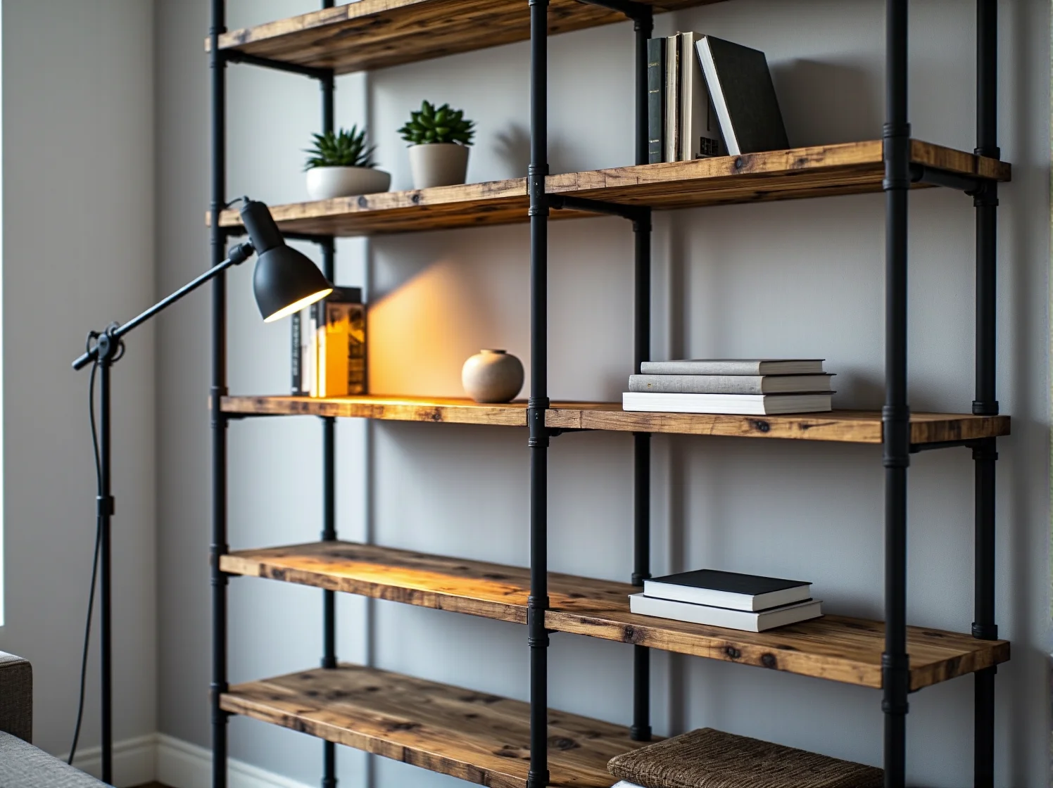 Kinkiety z czarnych rur na ścianie z cegły, podkreślające industrialny charakter wnętrza i oświetlające metalowy regał.