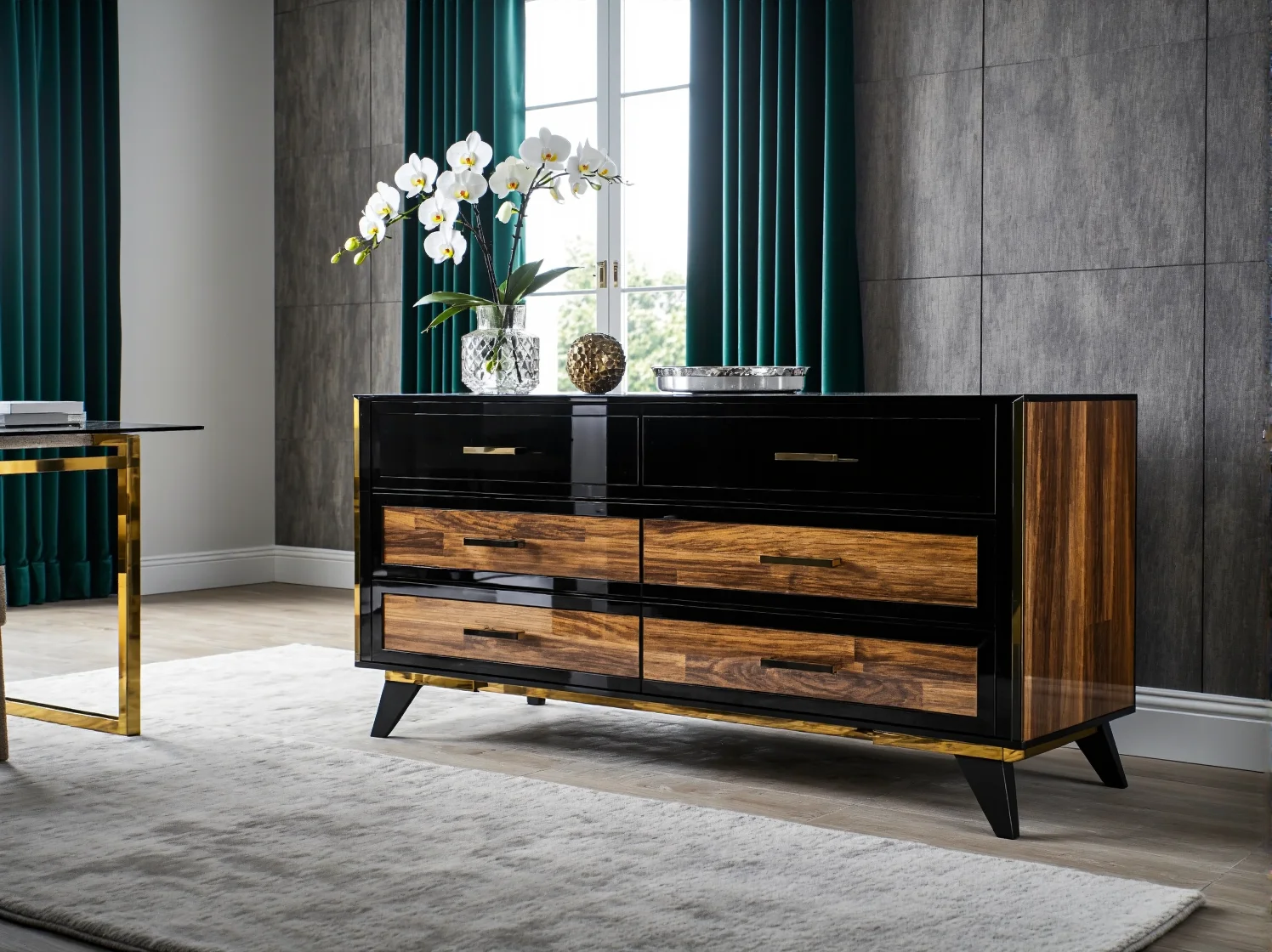 Elegancka komoda czarny połysk z szufladami w kolorze orzecha