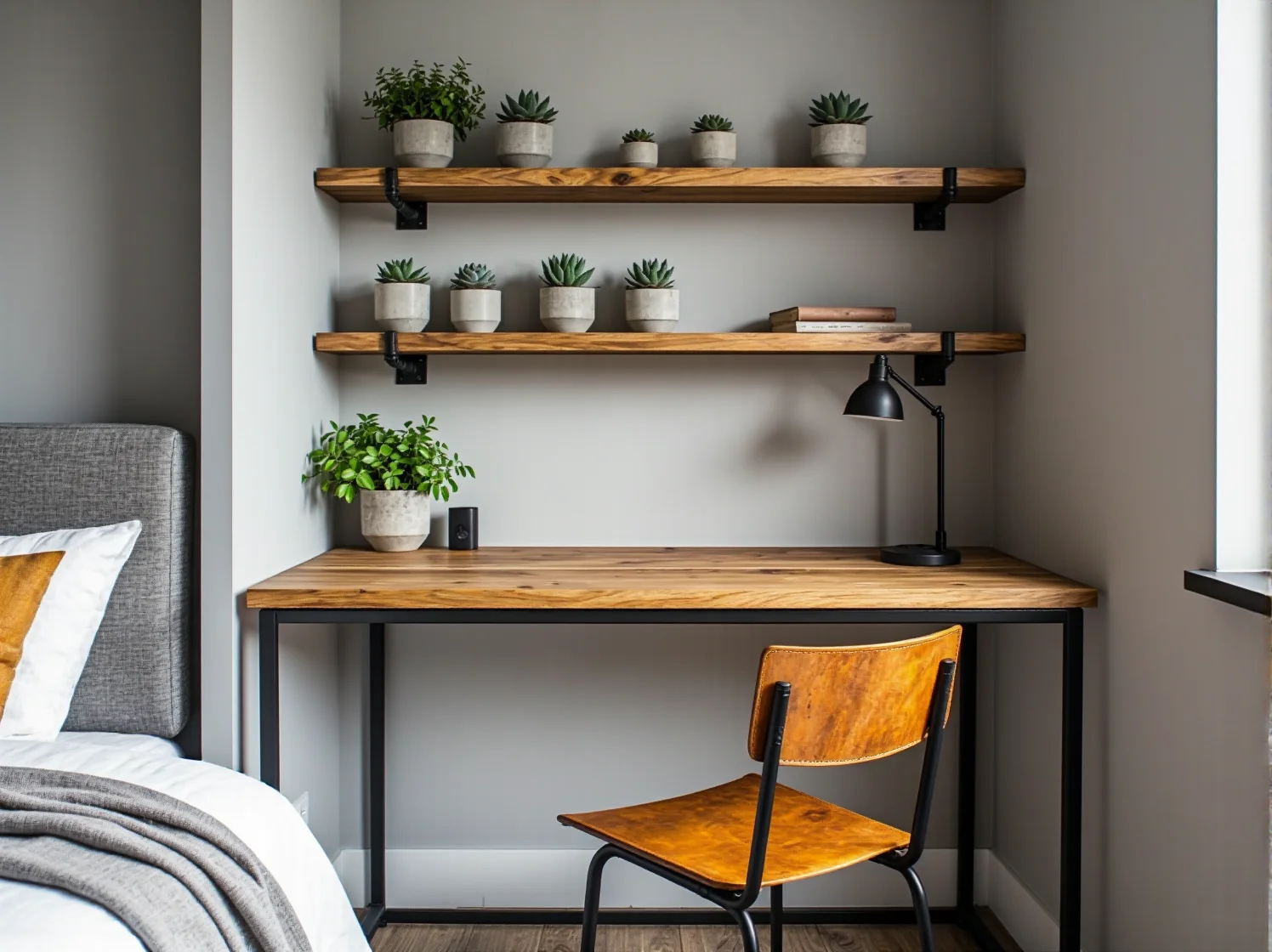 Kompaktowa szafka nocna w stylu industrialnym z oświetleniem punktowym oszczędzająca miejsce.