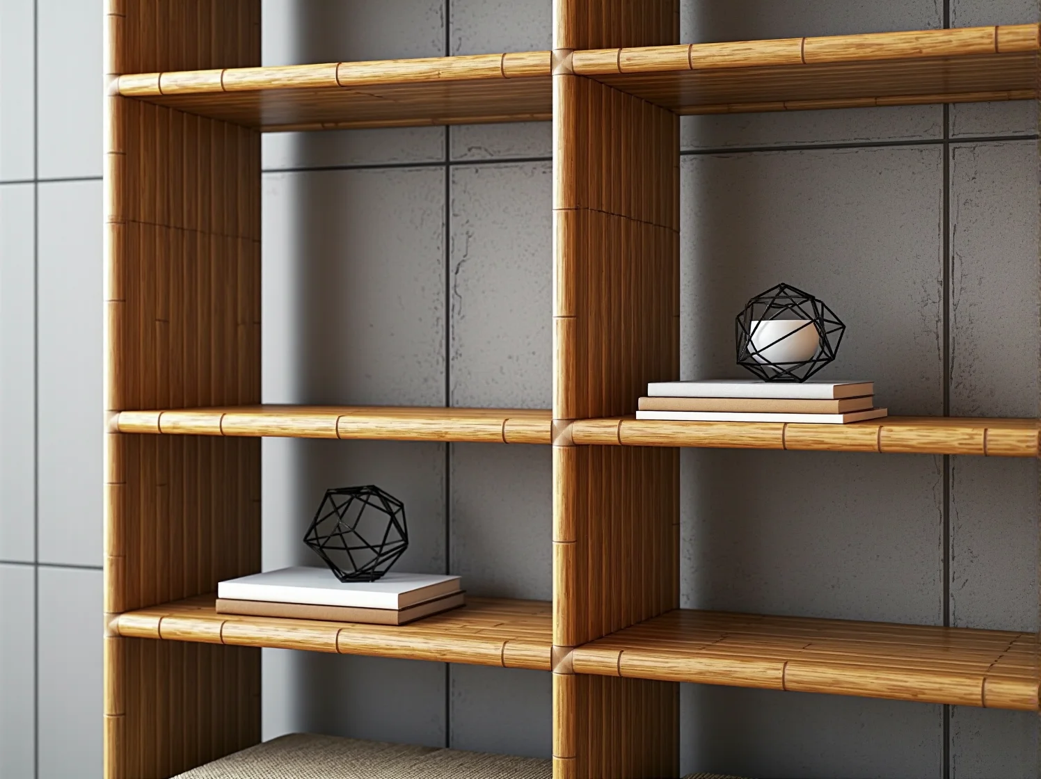 Nowoczesna kuchnia industrialna, gdzie połączono bambusowe fronty szafek z czarnymi, metalowymi elementami.