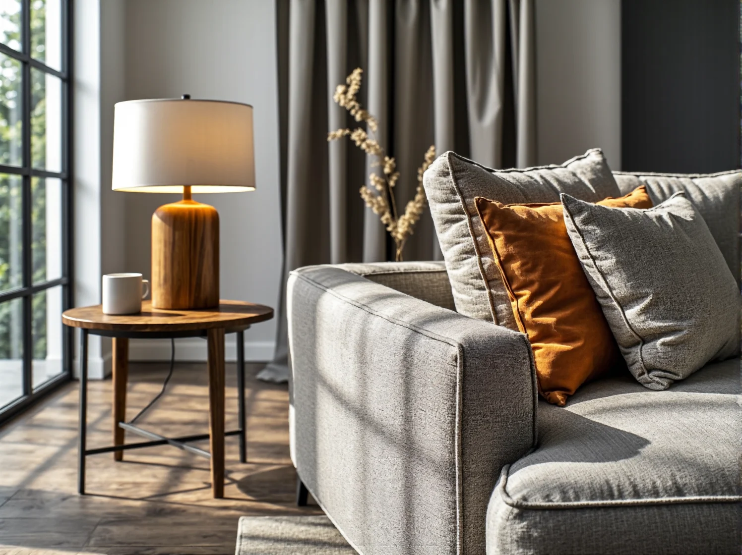 Elegancka lampa podłogowa z abażurem, dająca ciepłe światło w strefie wypoczynkowej salonu.