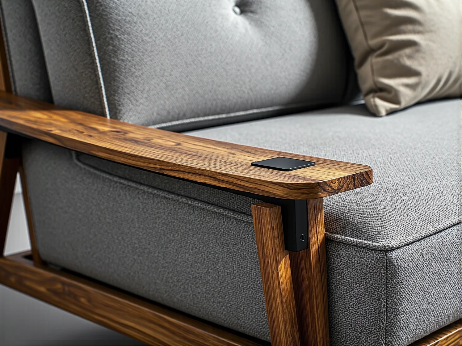 Szary narożnik z drewnianym podłokietnikiem i portem USB