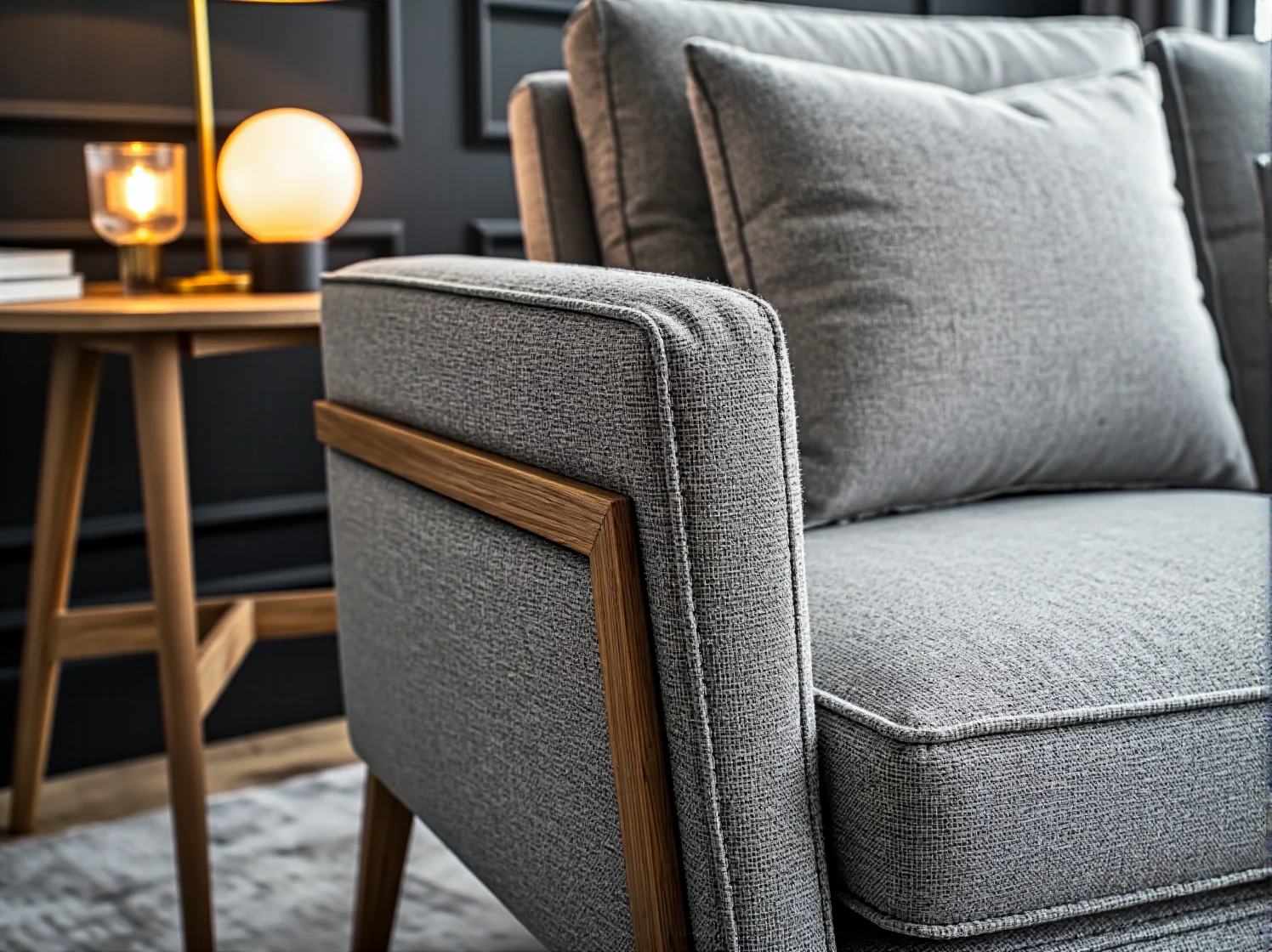 Szara sofa tapicerowana z drewnianymi podłokietnikami i poduszkami