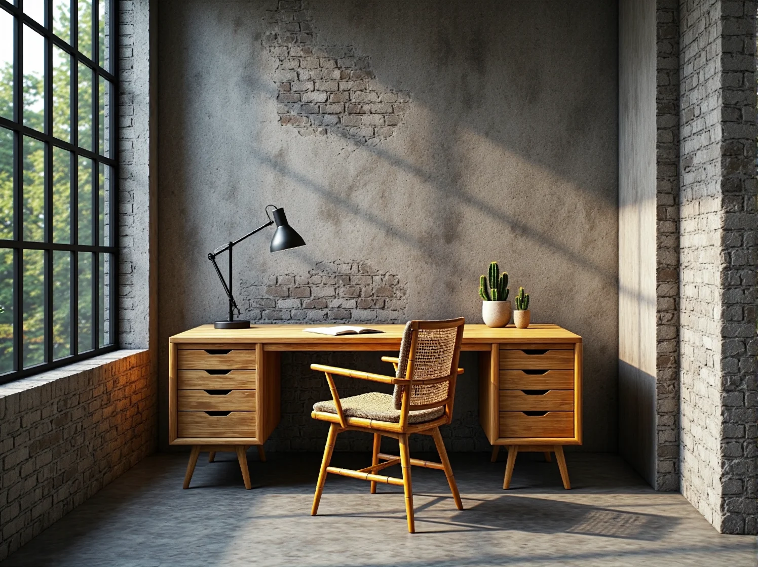 Aranżacja małej łazienki w stylu loftowym z bambusową szafką pod umywalkę i czarną armaturą.