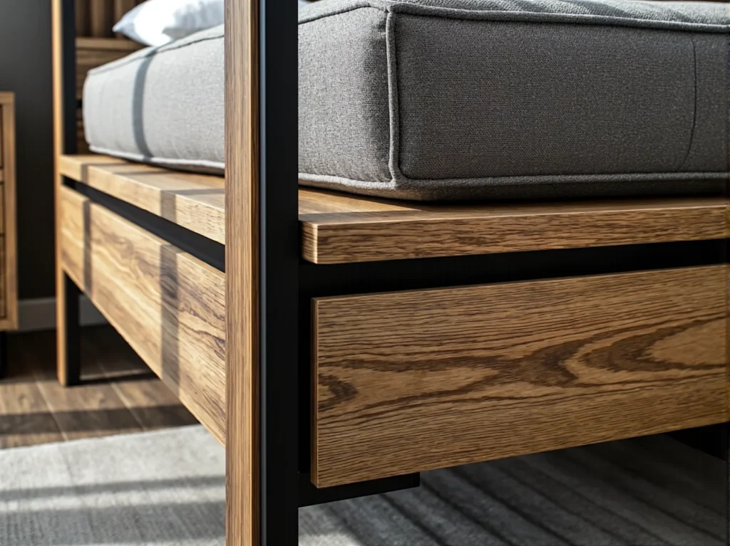 Łóżko loftowe dębowe z czarną metalową ramą i szufladą
