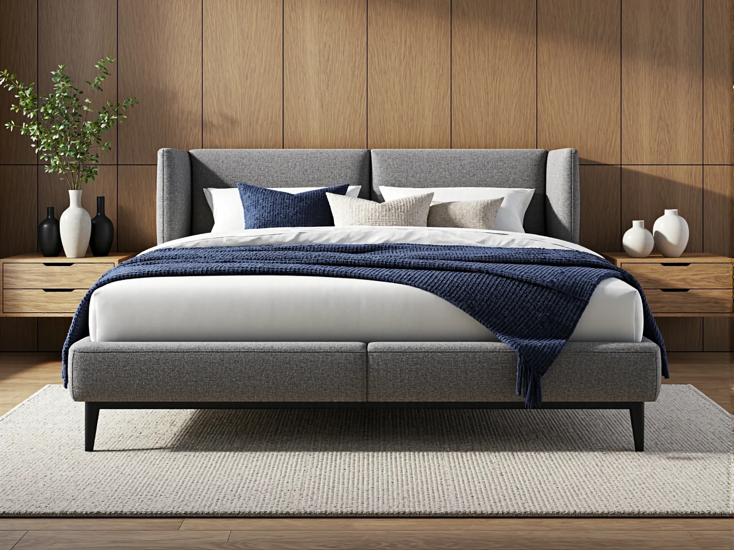 Tapicerowane łóżko dwuosobowe szare na ciemnych nóżkach