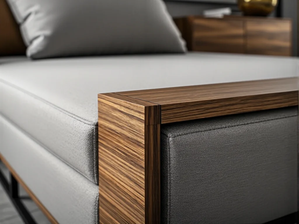 Nowoczesna sofa szara z drewnianym podłokietnikiem orzechowym