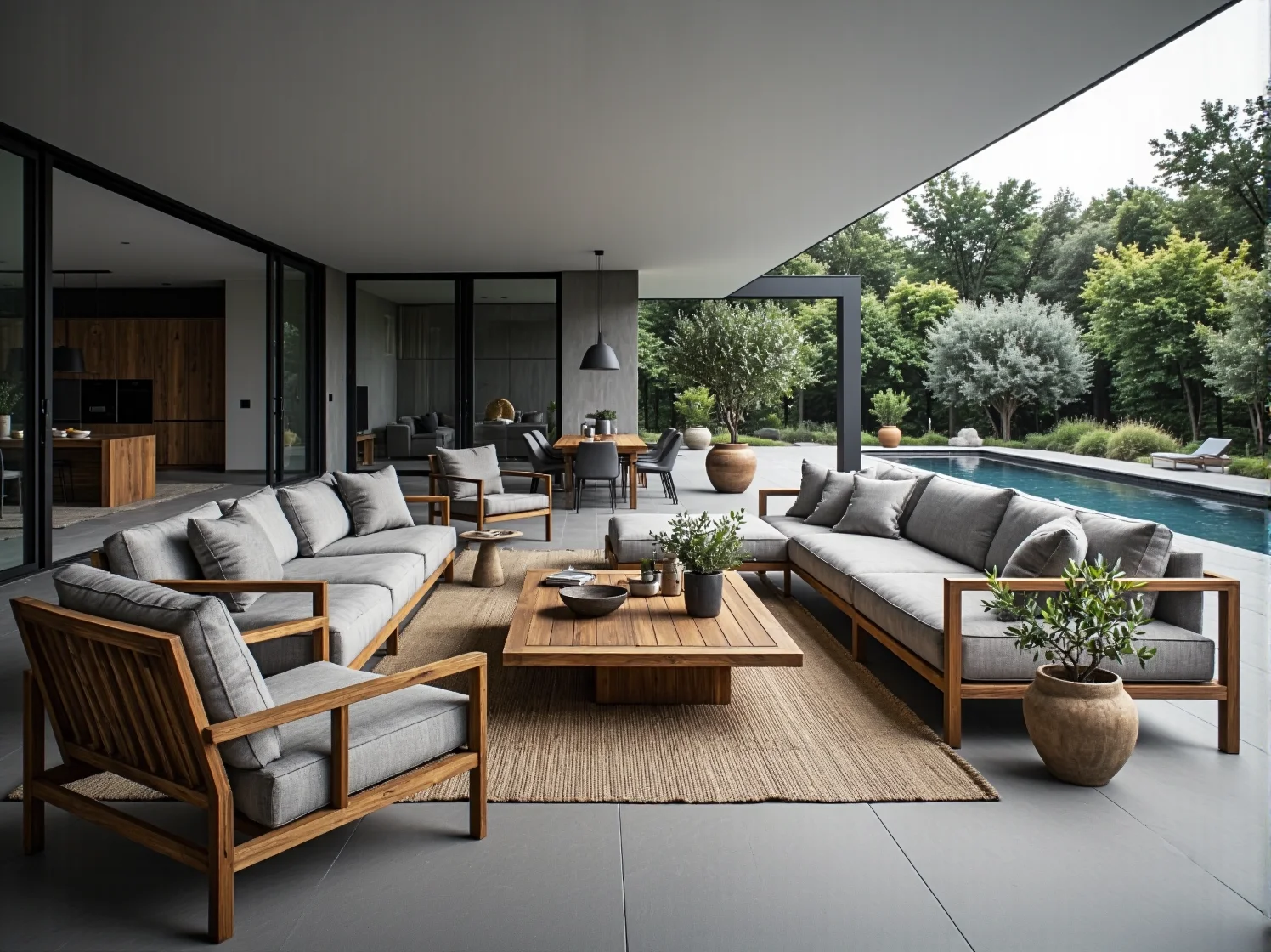 Zestaw mebli ogrodowych z drewna tekowego z szarymi poduszkami