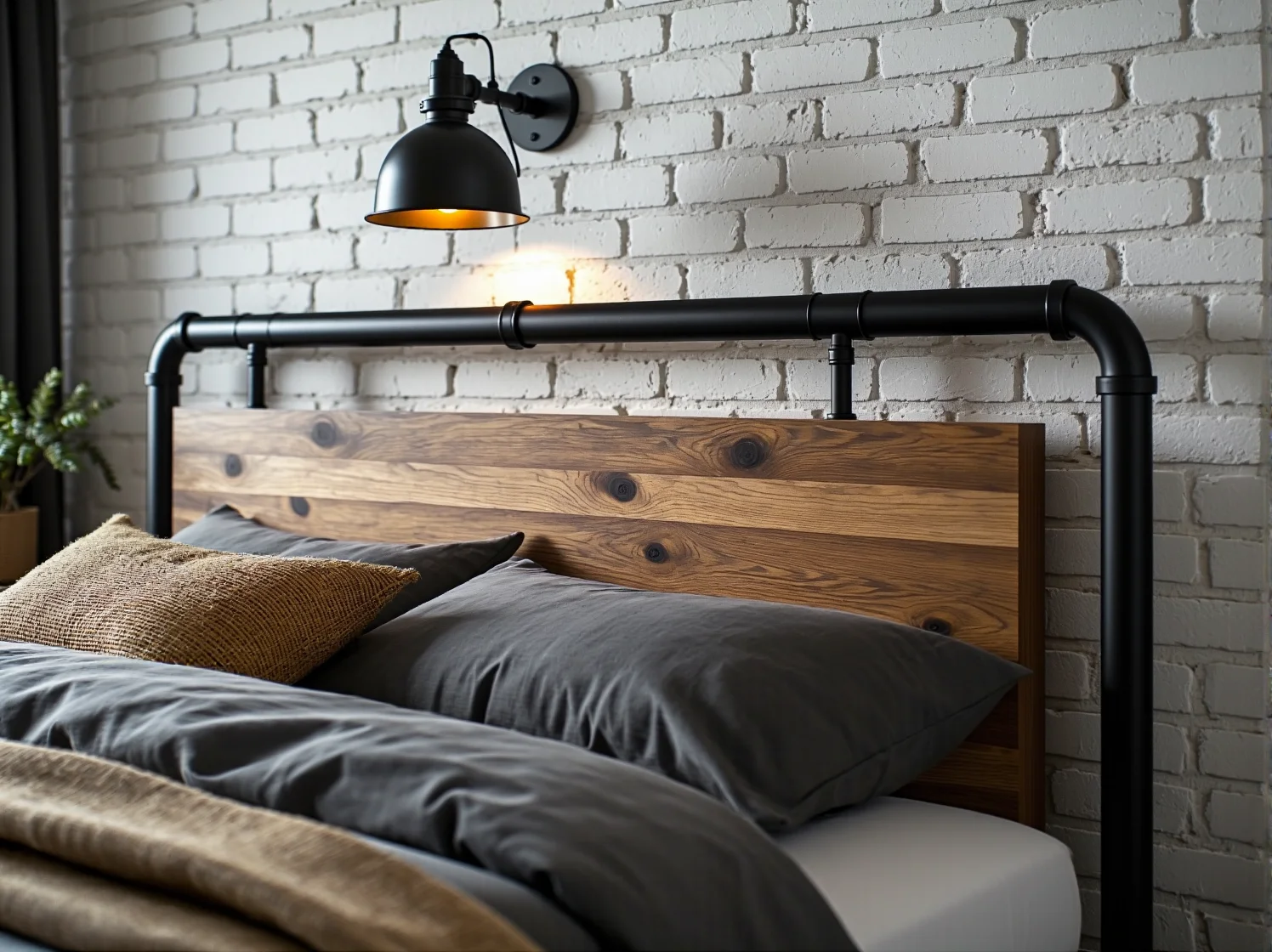 Lustro w czarnej metalowej ramie optycznie powiększające małą sypialnię industrialną.