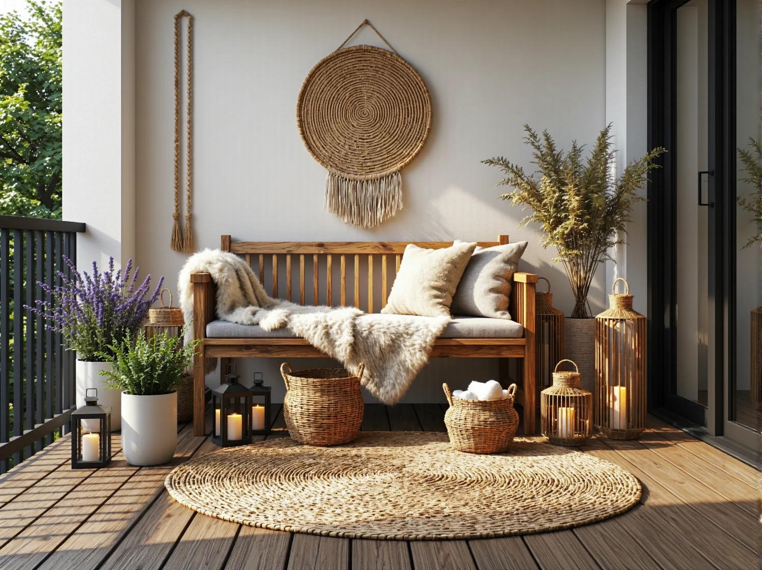 Inspiracja na mały balkon w stylu boho z wiszącym fotelem i dużą ilością egzotycznych roślin.