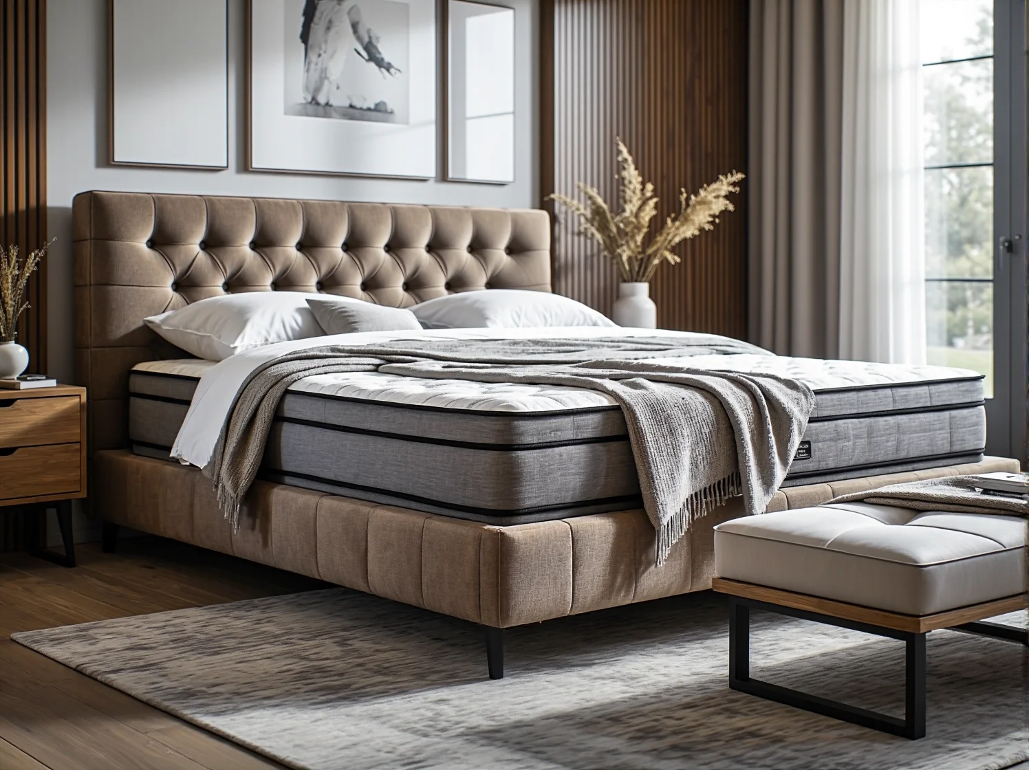 Materac ortopedyczny w łóżku kontynentalnym redukujący punkty nacisku i stabilizujący kręgosłup.