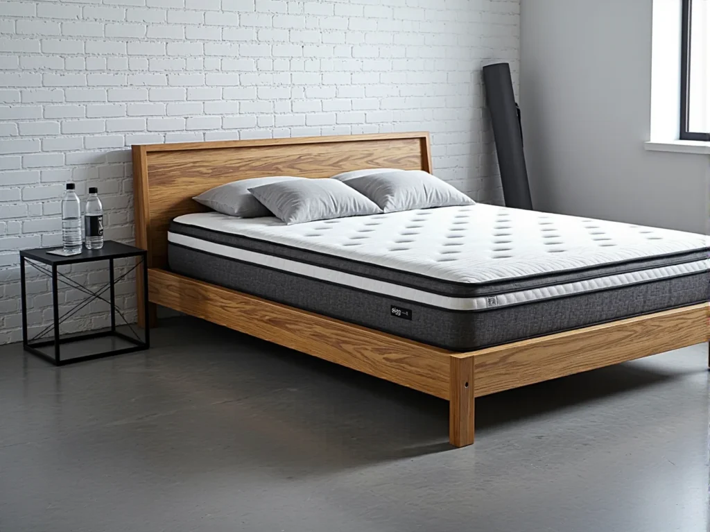 Łóżko dwuosobowe dębowe z wysokim materacem sprężynowym