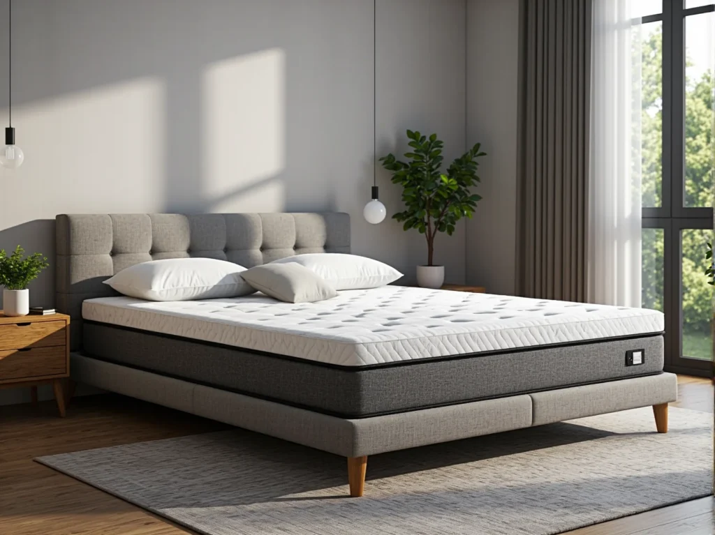 Tapicerowane łóżko kontynentalne szare z pikowanym zagłówkiem