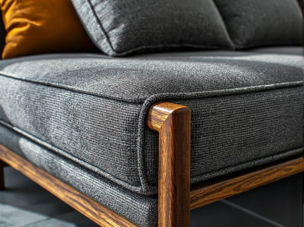 Grafitowa sofa tapicerowana z drewnianym stelażem dębowym